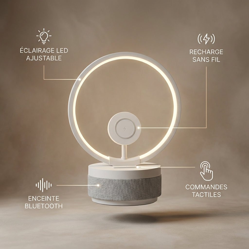 Lampe LED multifonction avec recharge sans fil et enceinte Bluetooth