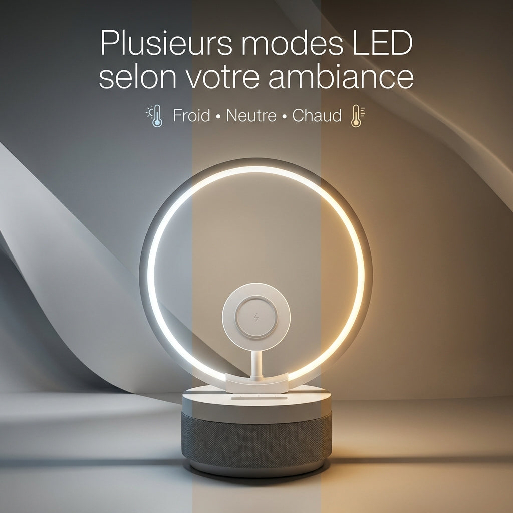 Lampe LED multifonction avec recharge sans fil et enceinte Bluetooth
